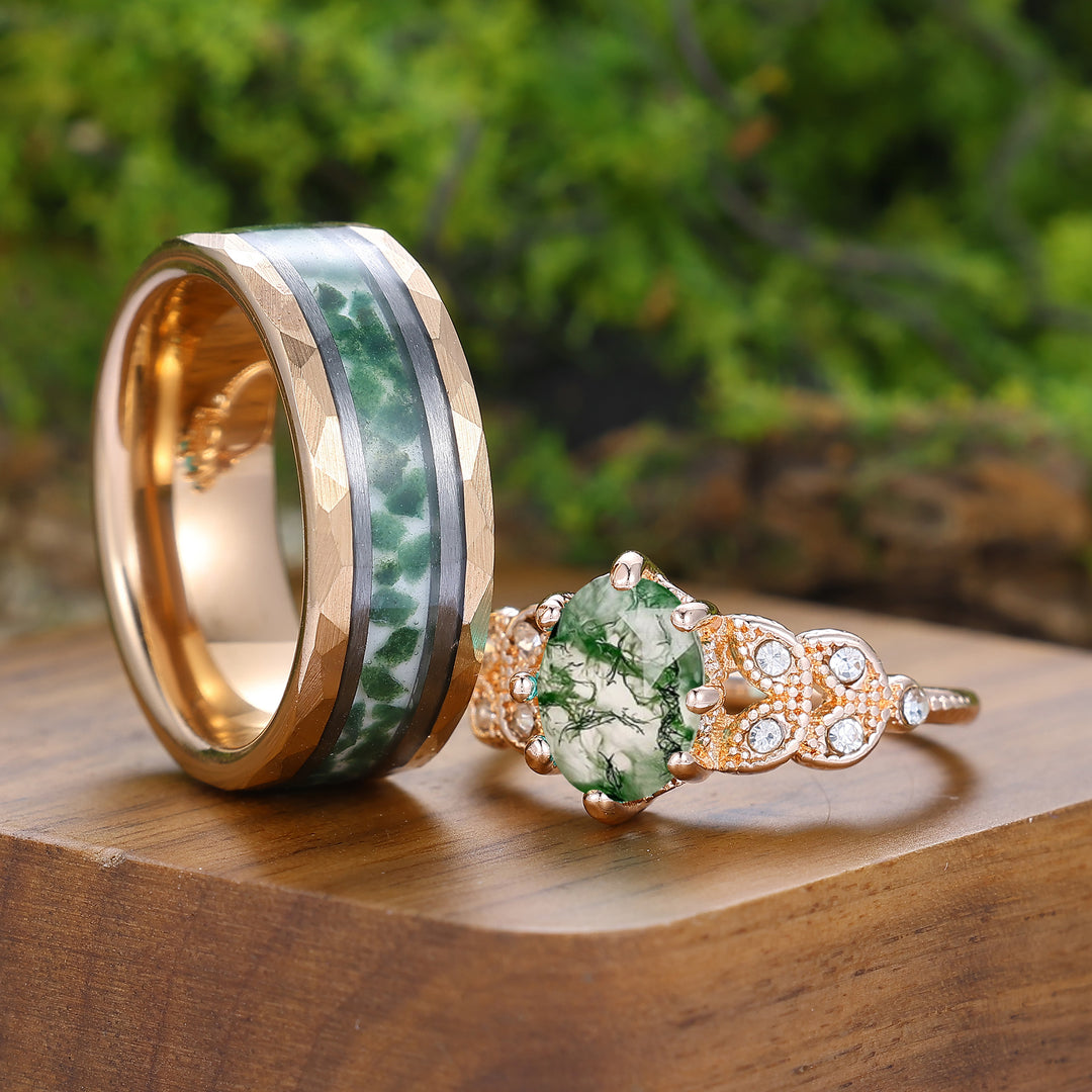 Ensemble de bagues en agate mousse d'inspiration naturelle avec finition milgrain pour lui et elle, bagues de couple Art déco