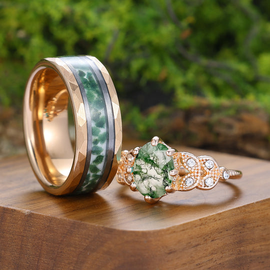 Ensemble de bagues en agate mousse d'inspiration naturelle avec finition milgrain pour lui et elle, bagues de couple Art déco