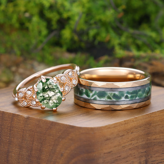 Ensemble de bagues en agate mousse d'inspiration naturelle avec finition milgrain pour lui et elle, bagues de couple Art déco