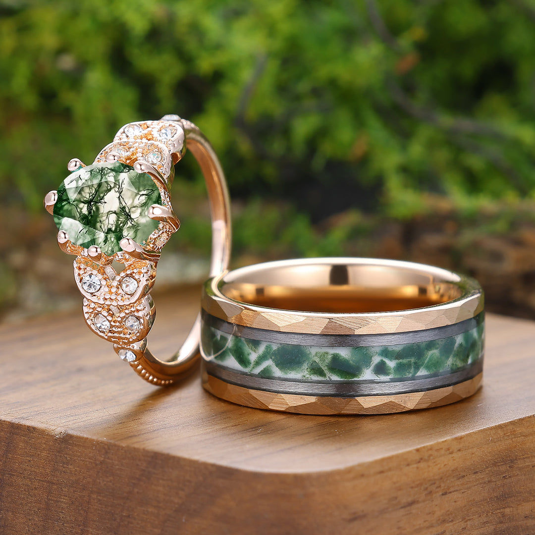 Ensemble de bagues en agate mousse d'inspiration naturelle avec finition milgrain pour lui et elle, bagues de couple Art déco