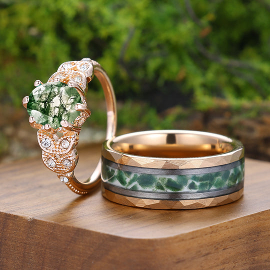 Ensemble de bagues en agate mousse d'inspiration naturelle avec finition milgrain pour lui et elle, bagues de couple Art déco