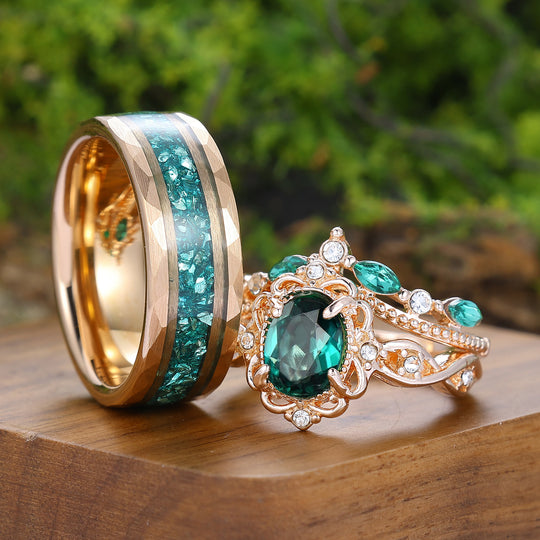 Conjunto de anillos de pareja con diseño floral milgrain esmeralda inspirado en el barroco, chapado en oro rosa