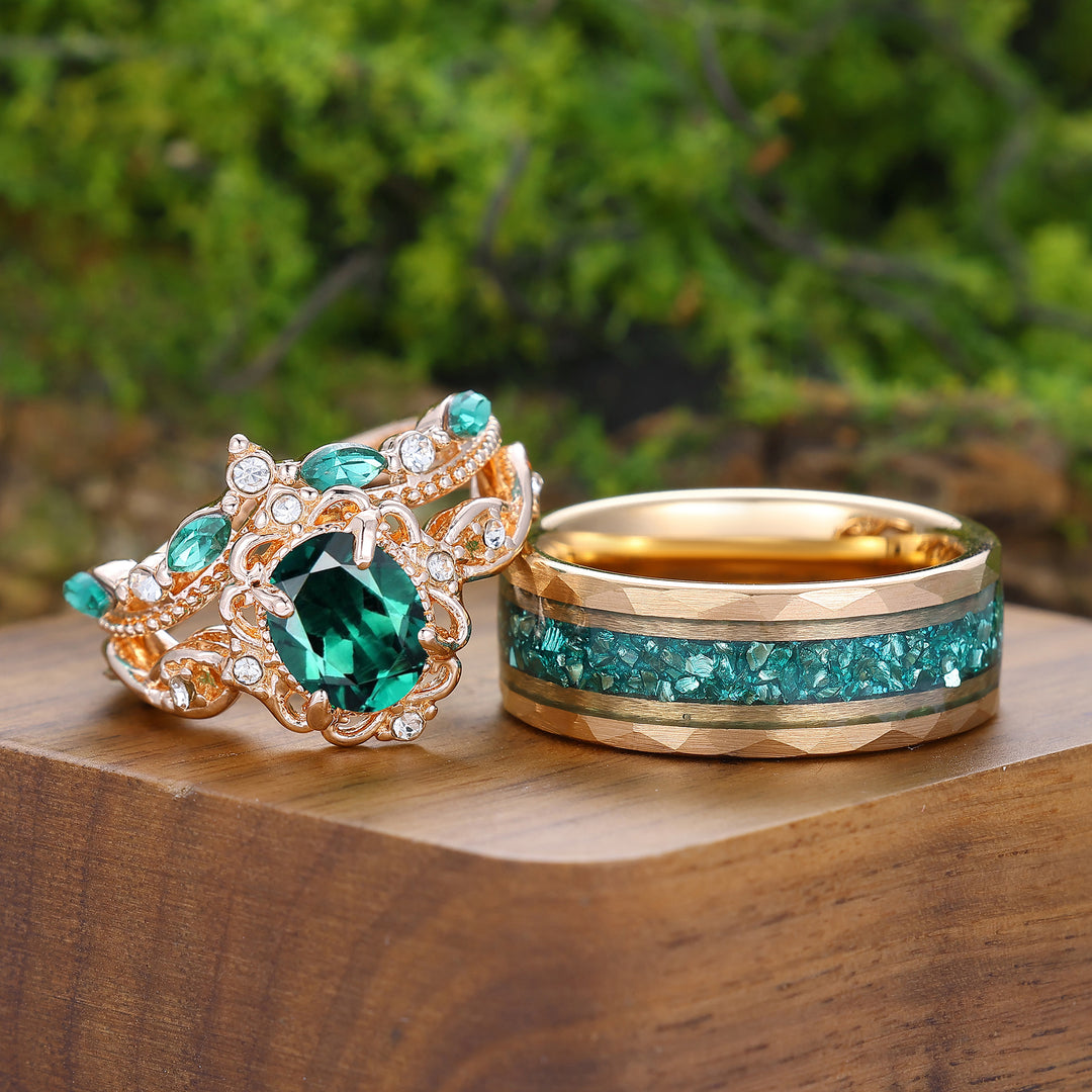 Conjunto de anillos de pareja con diseño floral milgrain esmeralda inspirado en el barroco, chapado en oro rosa