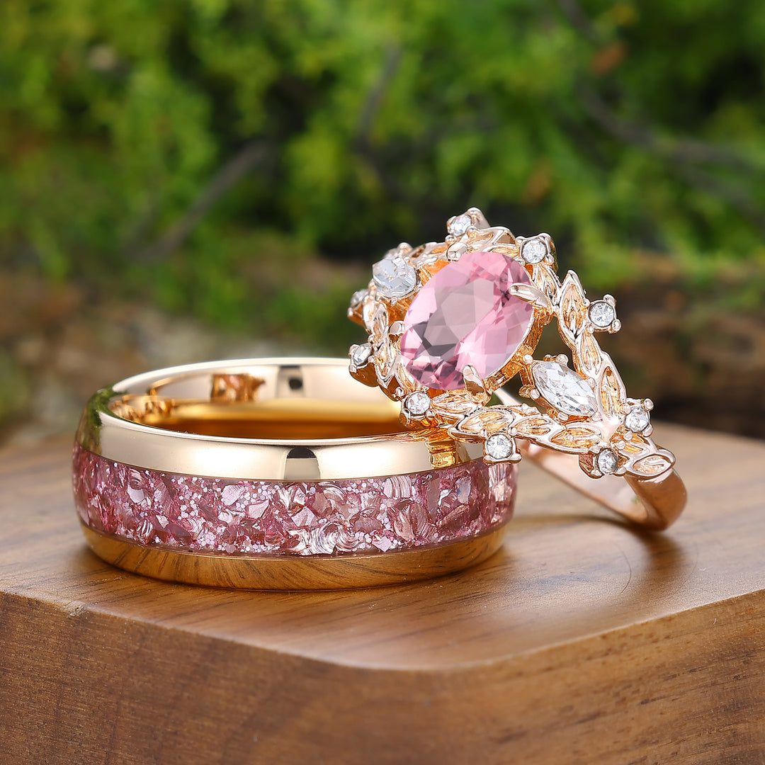 Vintage Bague Couple Feuille en Morganite Rose Forme Ovale Inspirée de la Nature Fleurs Pour Lui et Pour Elle