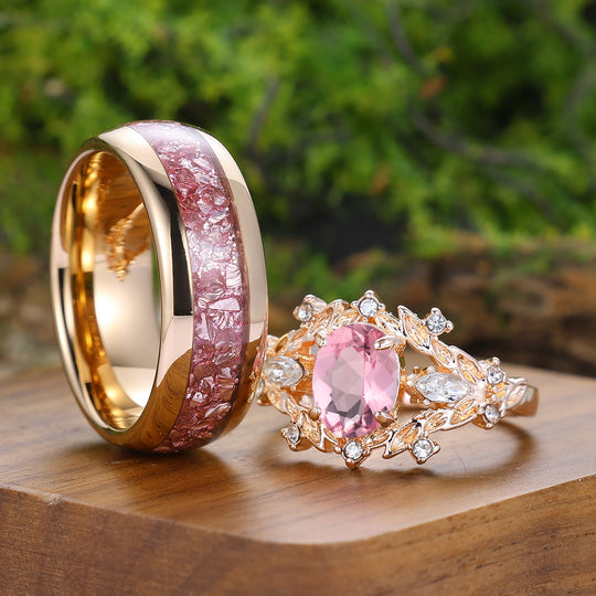 Vintage Bague Couple Feuille en Morganite Rose Forme Ovale Inspirée de la Nature Fleurs Pour Lui et Pour Elle