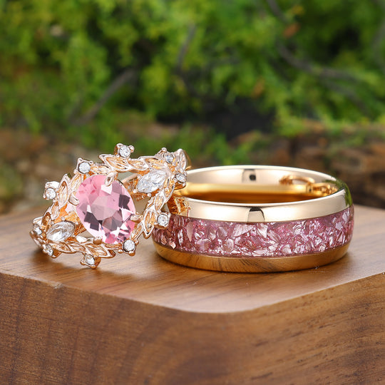 Vintage Bague Couple Feuille en Morganite Rose Forme Ovale Inspirée de la Nature Fleurs Pour Lui et Pour Elle