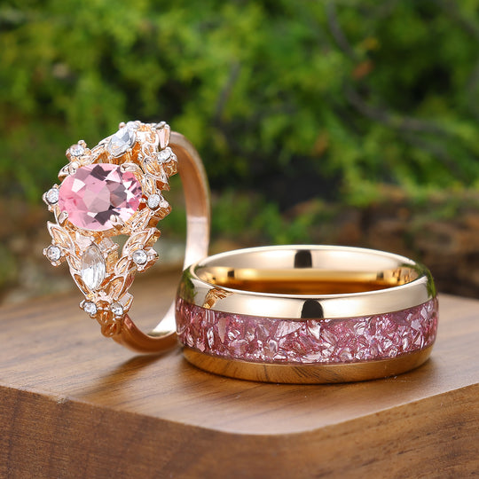 Vintage Bague Couple Feuille en Morganite Rose Forme Ovale Inspirée de la Nature Fleurs Pour Lui et Pour Elle