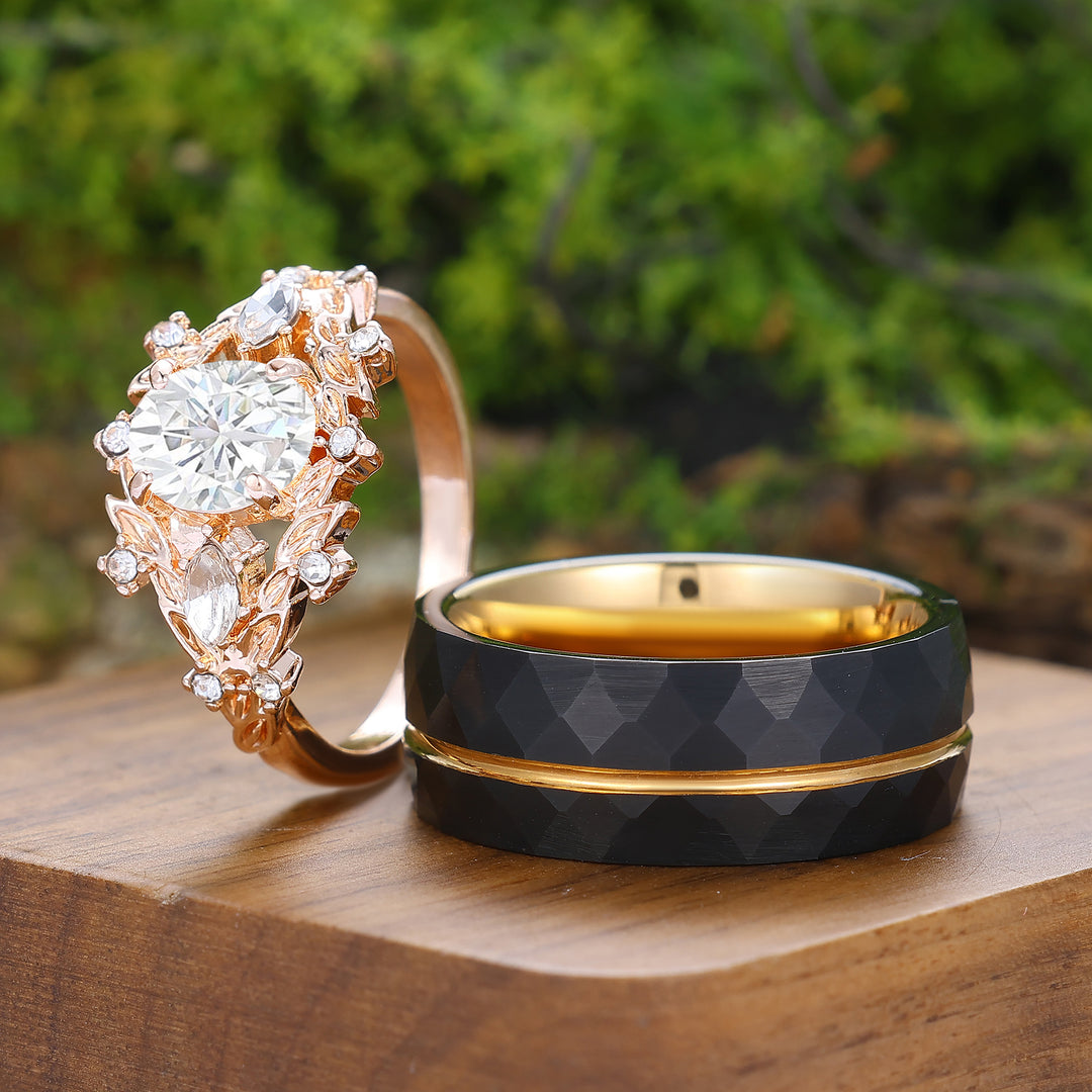 Vintage Hoja Grabada Anillo Ovalado de Moissanita para Parejas Anillos Inspirados en la Naturaleza para Él y para Ella