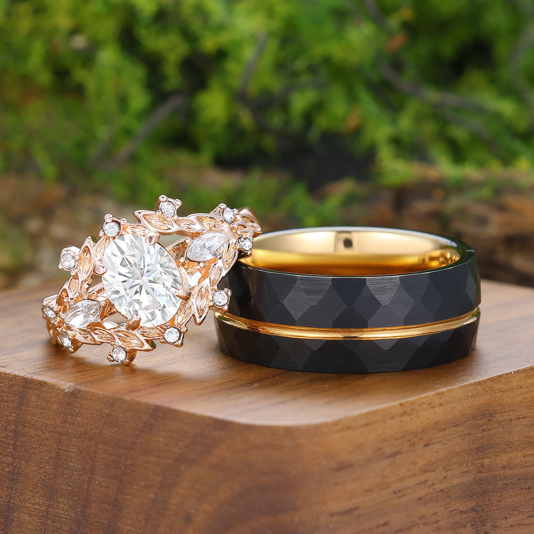 Vintage Hoja Grabada Anillo Ovalado de Moissanita para Parejas Anillos Inspirados en la Naturaleza para Él y para Ella