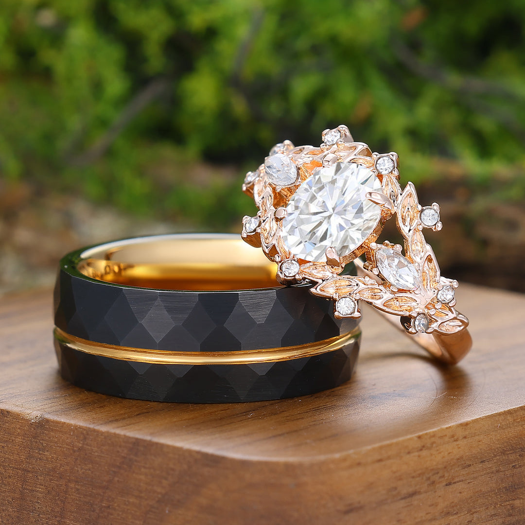 Vintage Hoja Grabada Anillo Ovalado de Moissanita para Parejas Anillos Inspirados en la Naturaleza para Él y para Ella