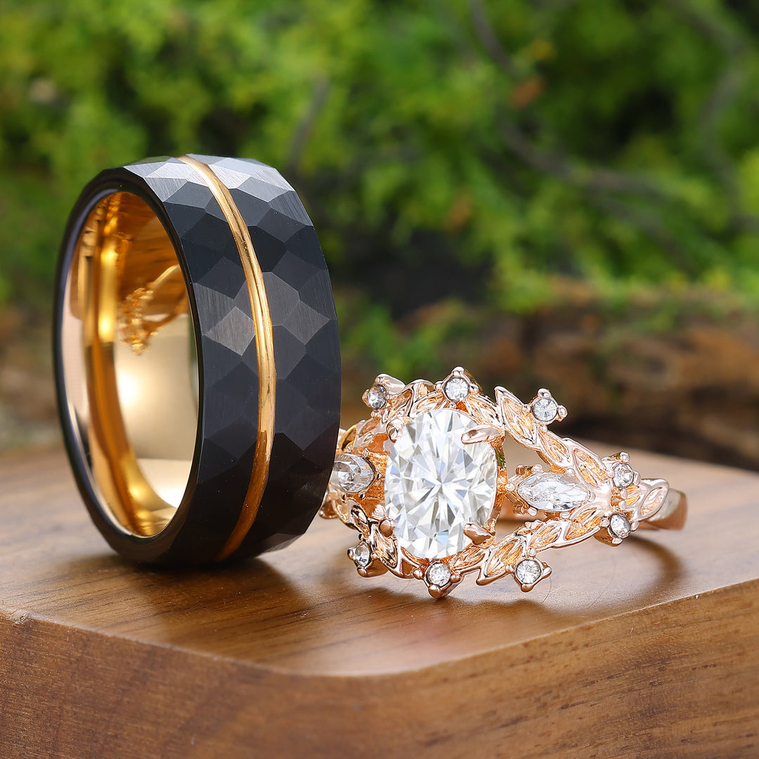 Vintage Hoja Grabada Anillo Ovalado de Moissanita para Parejas Anillos Inspirados en la Naturaleza para Él y para Ella