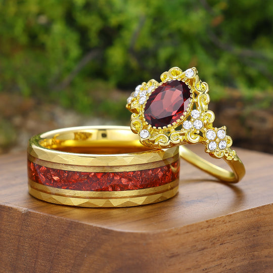 Art Deco Ovaler roter Granat-Ring mit Rankenmuster, Paar-Ringe, Vintage, florales, goldplattiertes Ring-Set