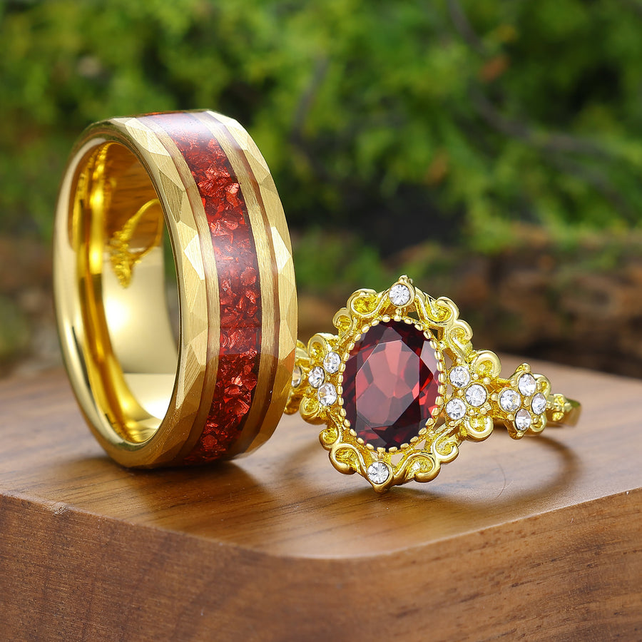 Art Deco Oval Red Garnet Scrollwork Couple Rings Vintage Floral Gold Plated Ring Set