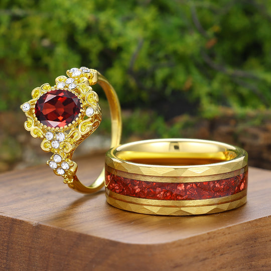 Art Deco Ovaler roter Granat-Ring mit Rankenmuster, Paar-Ringe, Vintage, florales, goldplattiertes Ring-Set