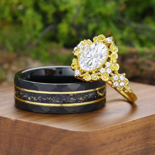 Barock-inspirierte filigrane Moissanit Gold-beschichtete Partner-Ringe Art Deco verziertes Ring-Set