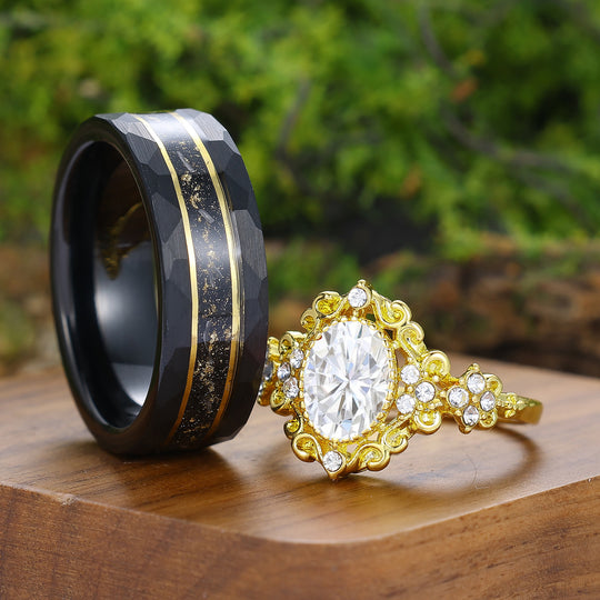 Barock-inspirierte filigrane Moissanit Gold-beschichtete Partner-Ringe Art Deco verziertes Ring-Set