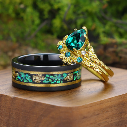 Unique Branch Design Birnenförmige Smaragdblatt Gravierte Partner-Ringe Seine Und Ihre Ringe