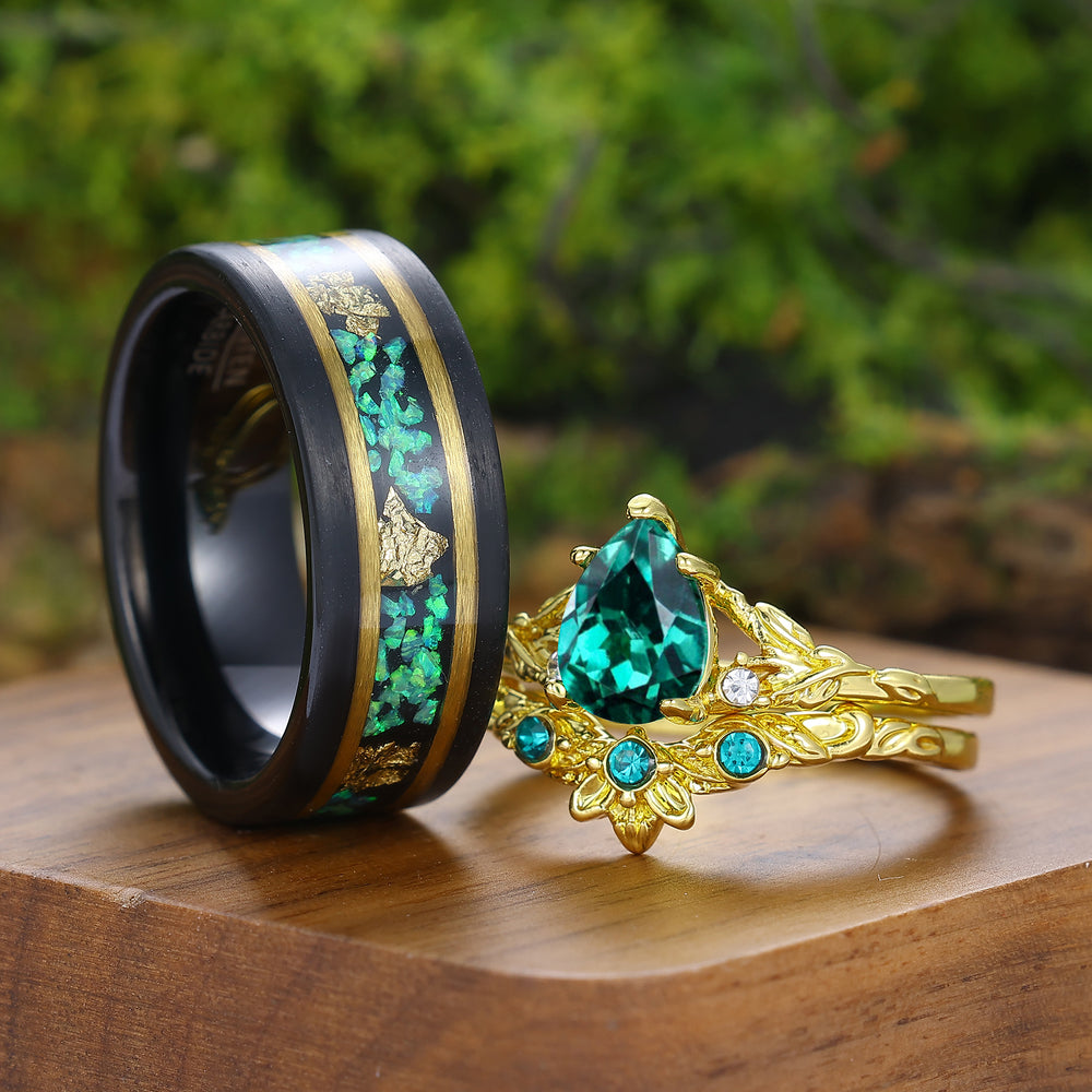 Unique Branch Design Pear Shape Emerald Leaf Engraved Couple Rings His And Hers Rings