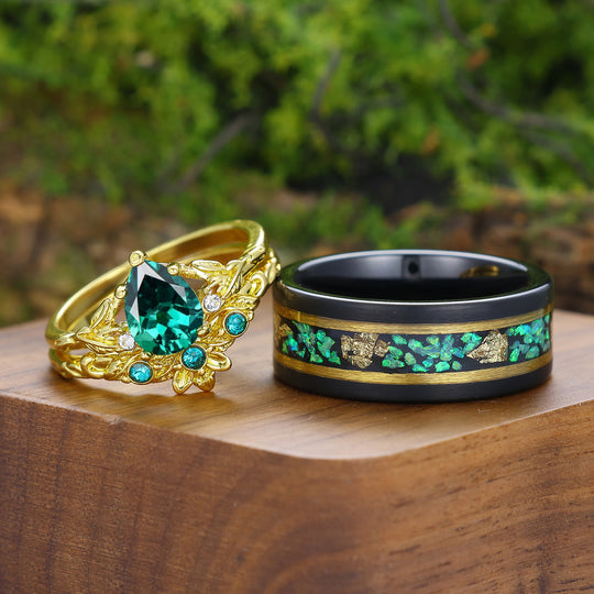 Unique Branch Design Birnenförmige Smaragdblatt Gravierte Partner-Ringe Seine Und Ihre Ringe