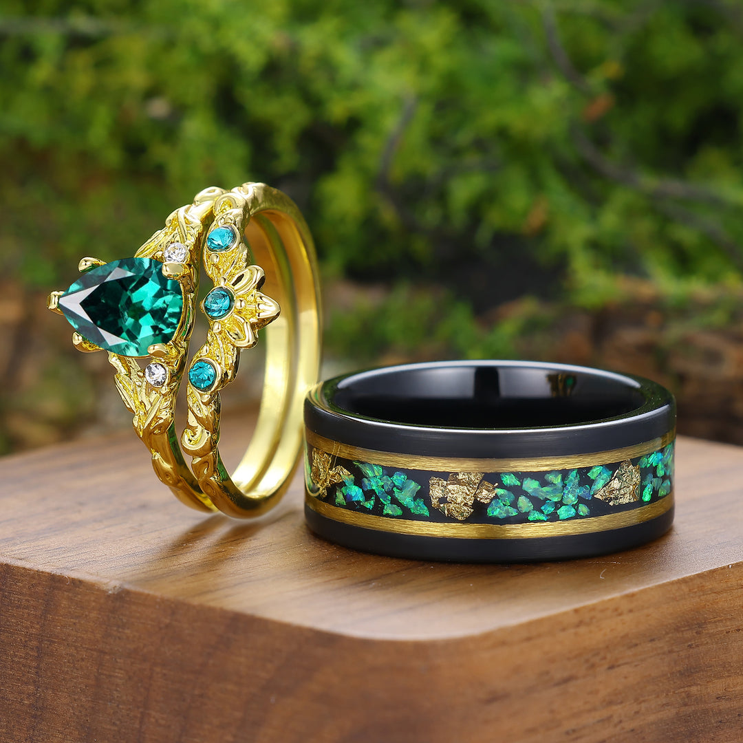 Unique Branch Design Birnenförmige Smaragdblatt Gravierte Partner-Ringe Seine Und Ihre Ringe