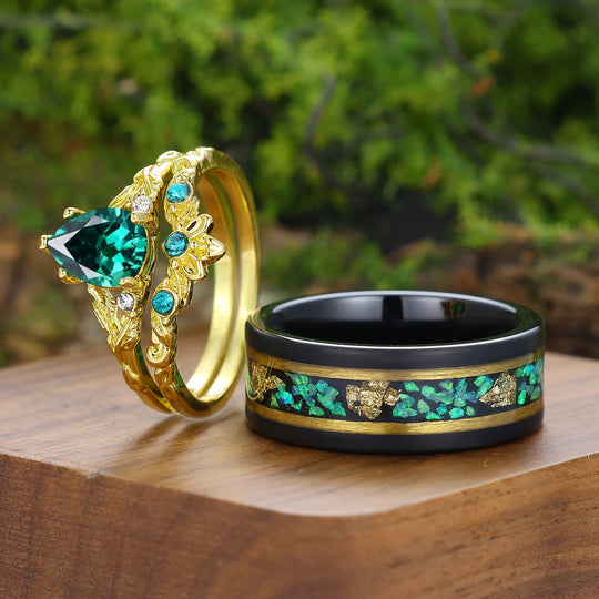 Unique Branch Design Birnenförmige Smaragdblatt Gravierte Partner-Ringe Seine Und Ihre Ringe