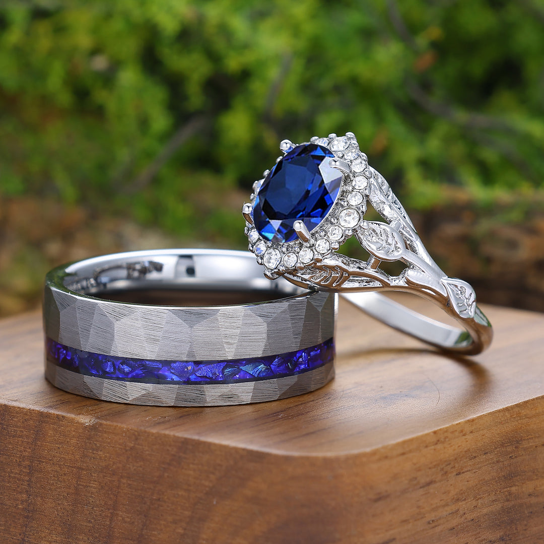 Exquisitos anillos de pareja con zafiro en forma ovalada Halo, inspirados en hojas, chapados en oro blanco para él y para ella