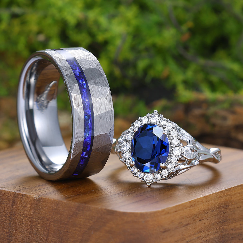 Exquisite Halo Oval Shape Sapphire His And Hers Rings Leaf Inspired White Gold Plated Couple Rings