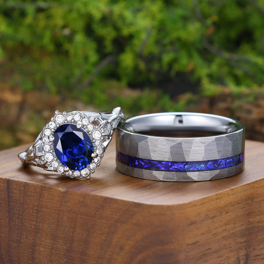 Exquisitos anillos de pareja con zafiro en forma ovalada Halo, inspirados en hojas, chapados en oro blanco para él y para ella