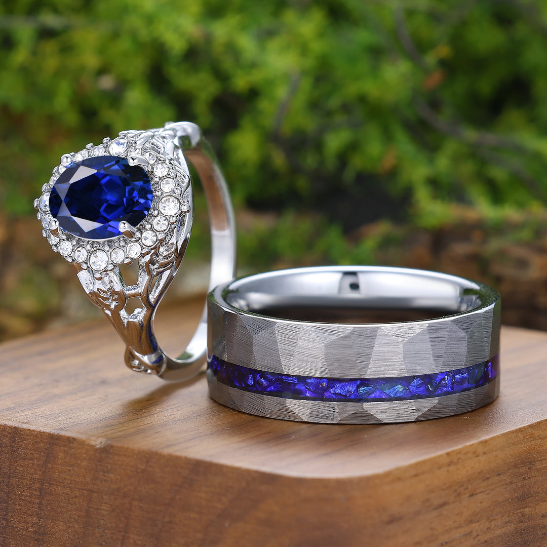 Exquisitos anillos de pareja con zafiro en forma ovalada Halo, inspirados en hojas, chapados en oro blanco para él y para ella