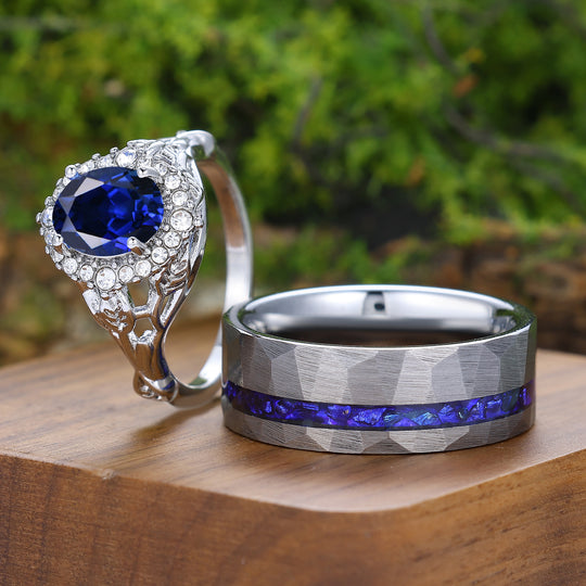 Exquisitos anillos de pareja con zafiro en forma ovalada Halo, inspirados en hojas, chapados en oro blanco para él y para ella