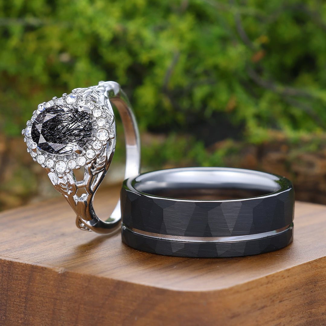 Antike Halo Natürliche Schwarze Rutilquarz Partner-Ringe Silber und Wolfram Passendes Ring-Set