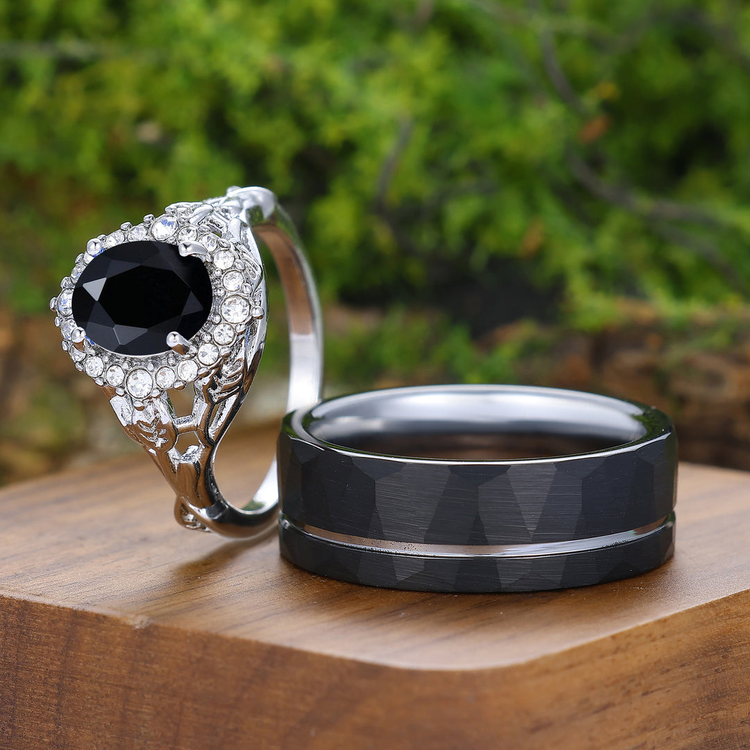 Anillos de pareja de matrimonio personalizados con forma ovalada de ónix negro natural y diseño floral