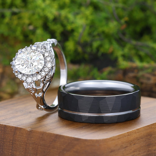 Anillos de pareja únicos de moissanita con diseño floral de hoja, conjunto de anillos de matrimonio Art Deco en plata y tungsteno