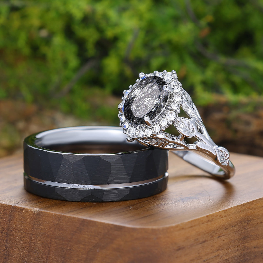 Antike Halo Natürliche Schwarze Rutilquarz Partner-Ringe Silber und Wolfram Passendes Ring-Set
