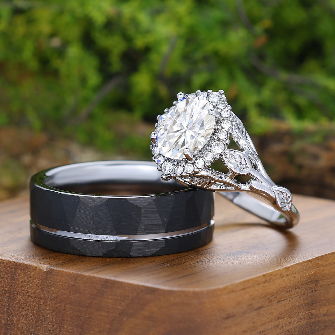 Anillos de pareja únicos de moissanita con diseño floral de hoja, conjunto de anillos de matrimonio Art Deco en plata y tungsteno