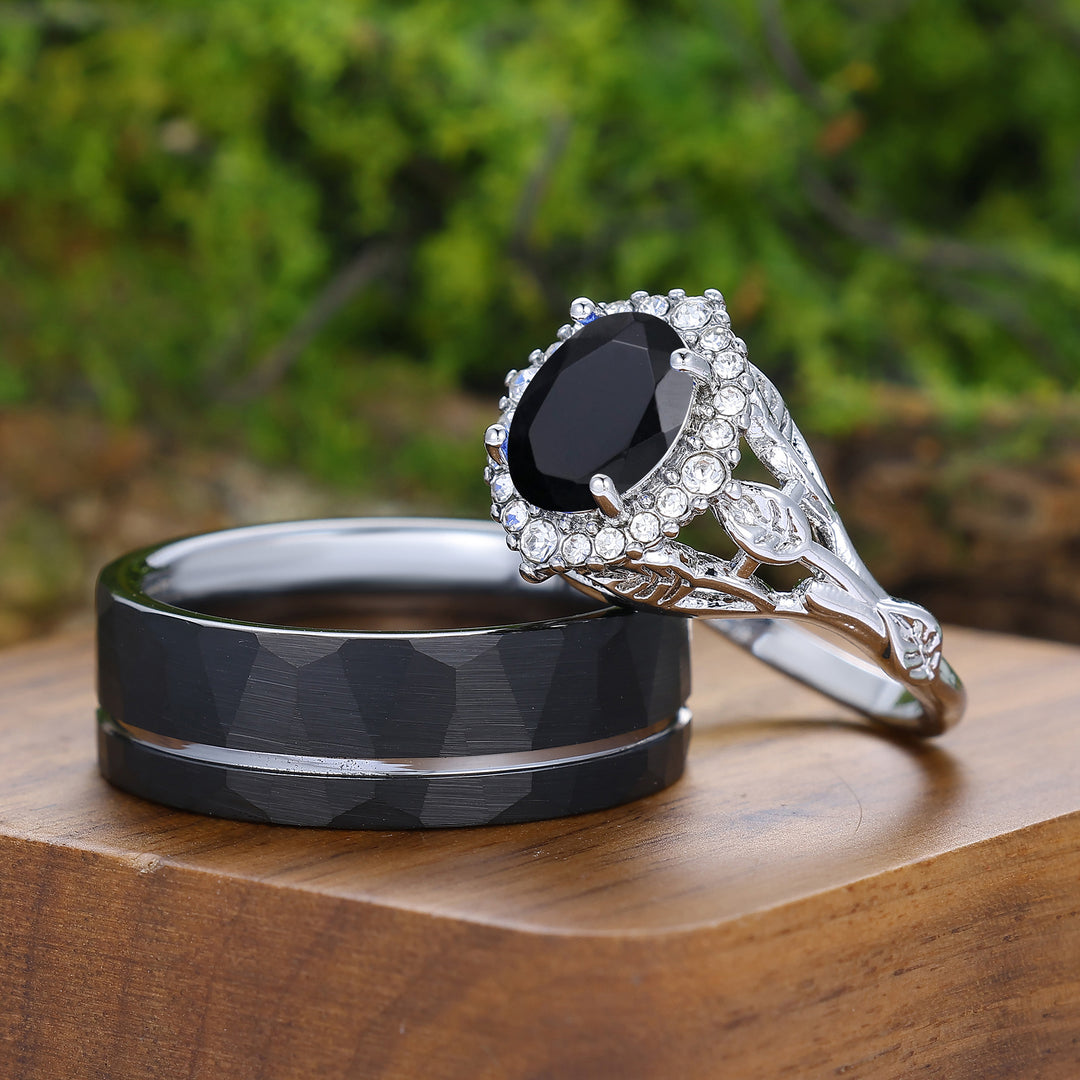 Anillos de pareja de matrimonio personalizados con forma ovalada de ónix negro natural y diseño floral