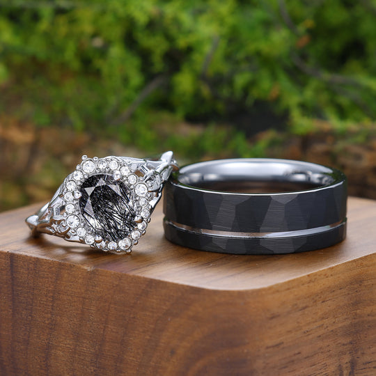 Antike Halo Natürliche Schwarze Rutilquarz Partner-Ringe Silber und Wolfram Passendes Ring-Set