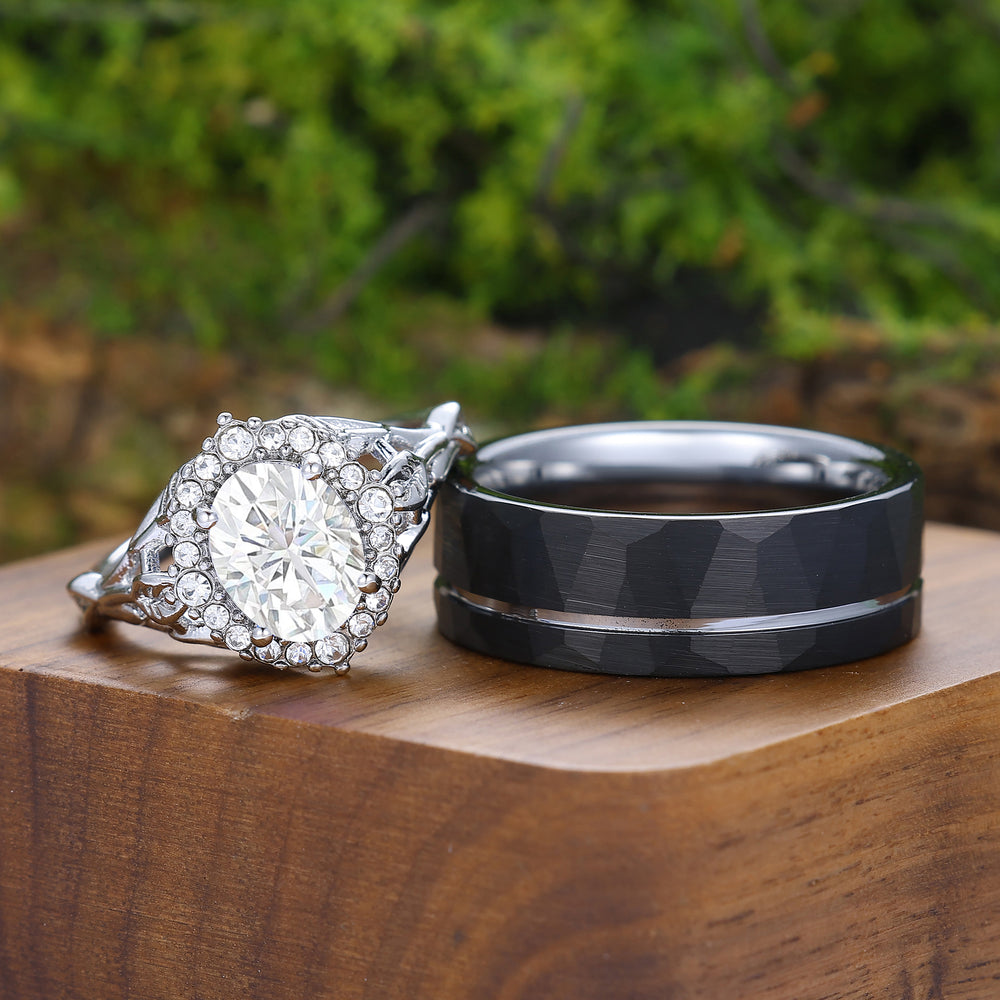 Anillos de pareja únicos de moissanita con diseño floral de hoja, conjunto de anillos de matrimonio Art Deco en plata y tungsteno