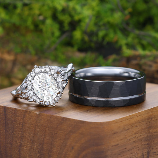 Anillos de pareja únicos de moissanita con diseño floral de hoja, conjunto de anillos de matrimonio Art Deco en plata y tungsteno