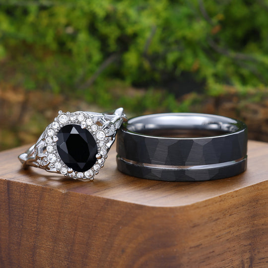 Anillos de pareja de matrimonio personalizados con forma ovalada de ónix negro natural y diseño floral