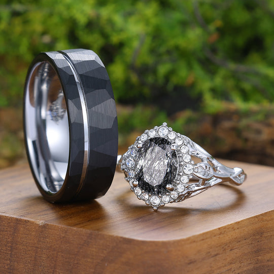 Antike Halo Natürliche Schwarze Rutilquarz Partner-Ringe Silber und Wolfram Passendes Ring-Set
