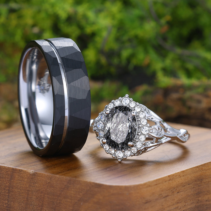 Antique Halo Natural Black Rutilated Quartz Couple Rings Silver And Tungsten Matching Ring Set