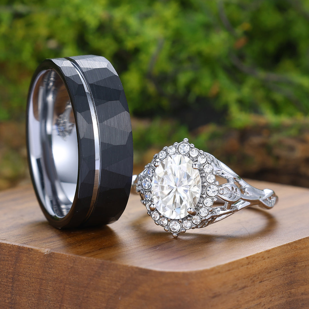 Anillos de pareja únicos de moissanita con diseño floral de hoja, conjunto de anillos de matrimonio Art Deco en plata y tungsteno