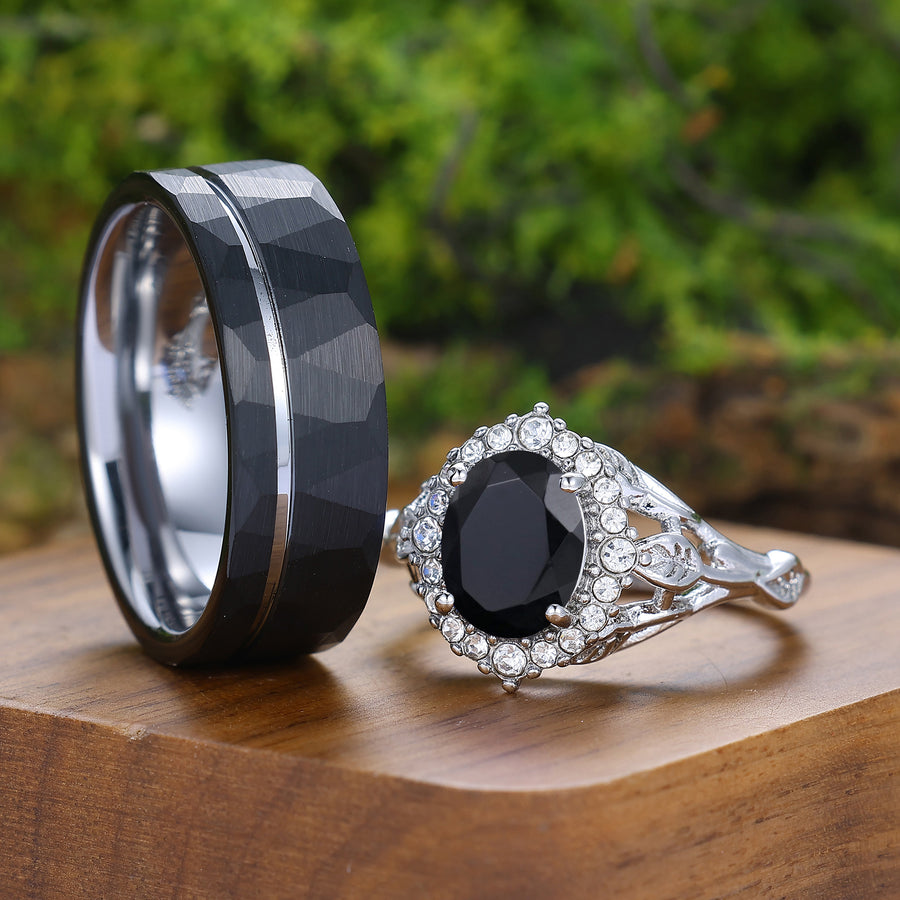 Personalized Oval Shape Natural Black Onyx Floral Couple Rings Marriage Ring Set