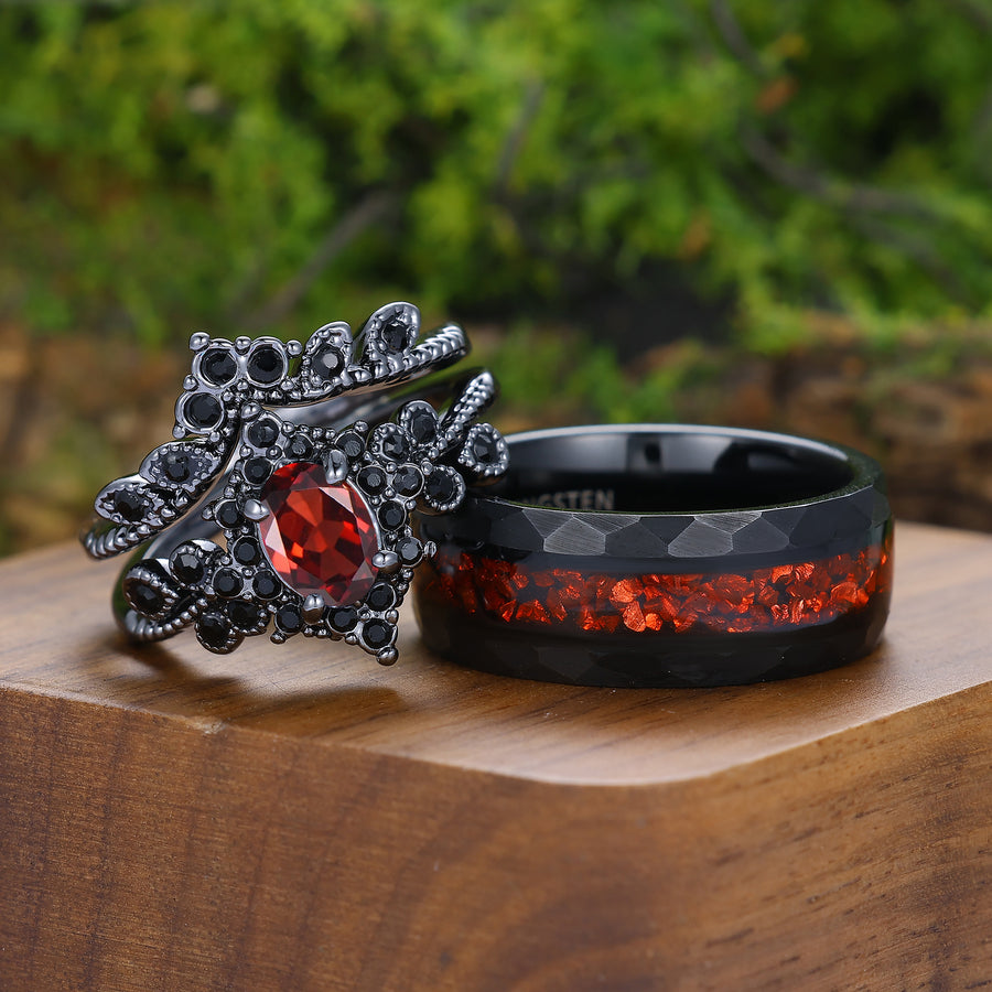 Gothic Red Garnet Floral Milgrained Couple Rings Black Plated Cluster Ring Set