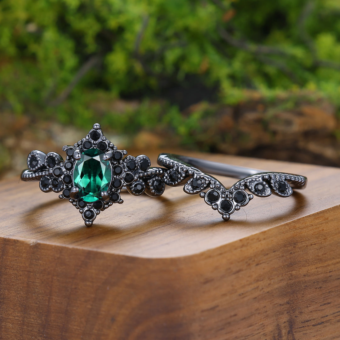 Dunkler Luxus Gothic Blumen-Set Verlobungsringe Smaragd Paarringe Silber und Wolfram His-and-Hers