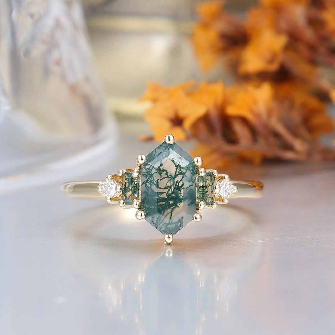 1,1 CT langer sechseckiger Schnitt Moosachat Verlobungsring für Frauen Geschenk