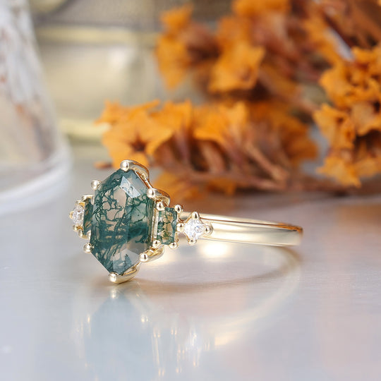 1,1 CT langer sechseckiger Schnitt Moosachat Verlobungsring für Frauen Geschenk