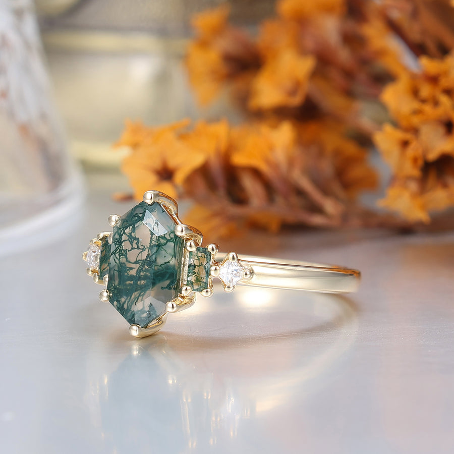 1,1 CT langer sechseckiger Schnitt Moosachat Verlobungsring für Frauen Geschenk