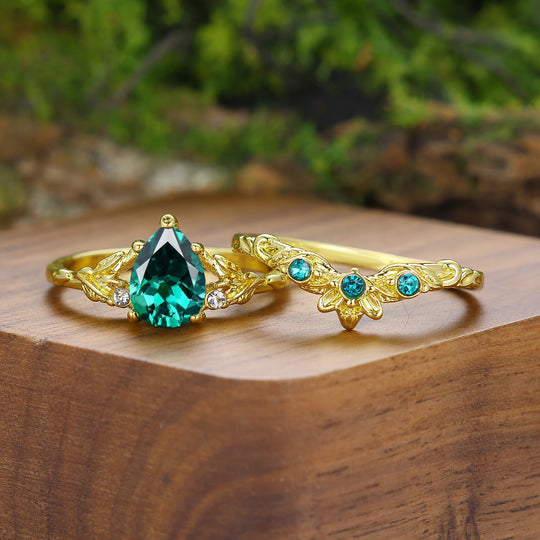 Unique Branch Design Birnenförmige Smaragdblatt Gravierte Partner-Ringe Seine Und Ihre Ringe